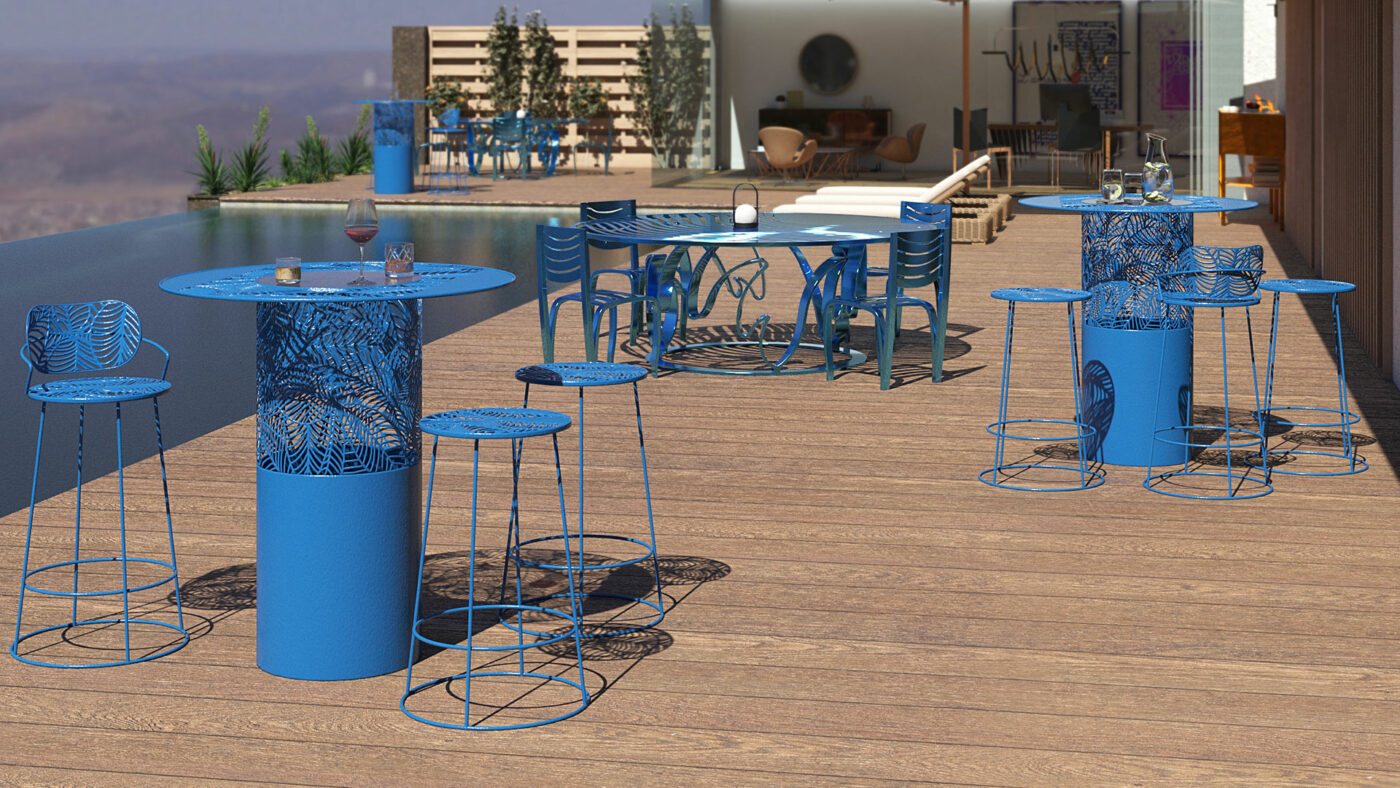 Mange debout luminaire et table vague, mobilier de jardin