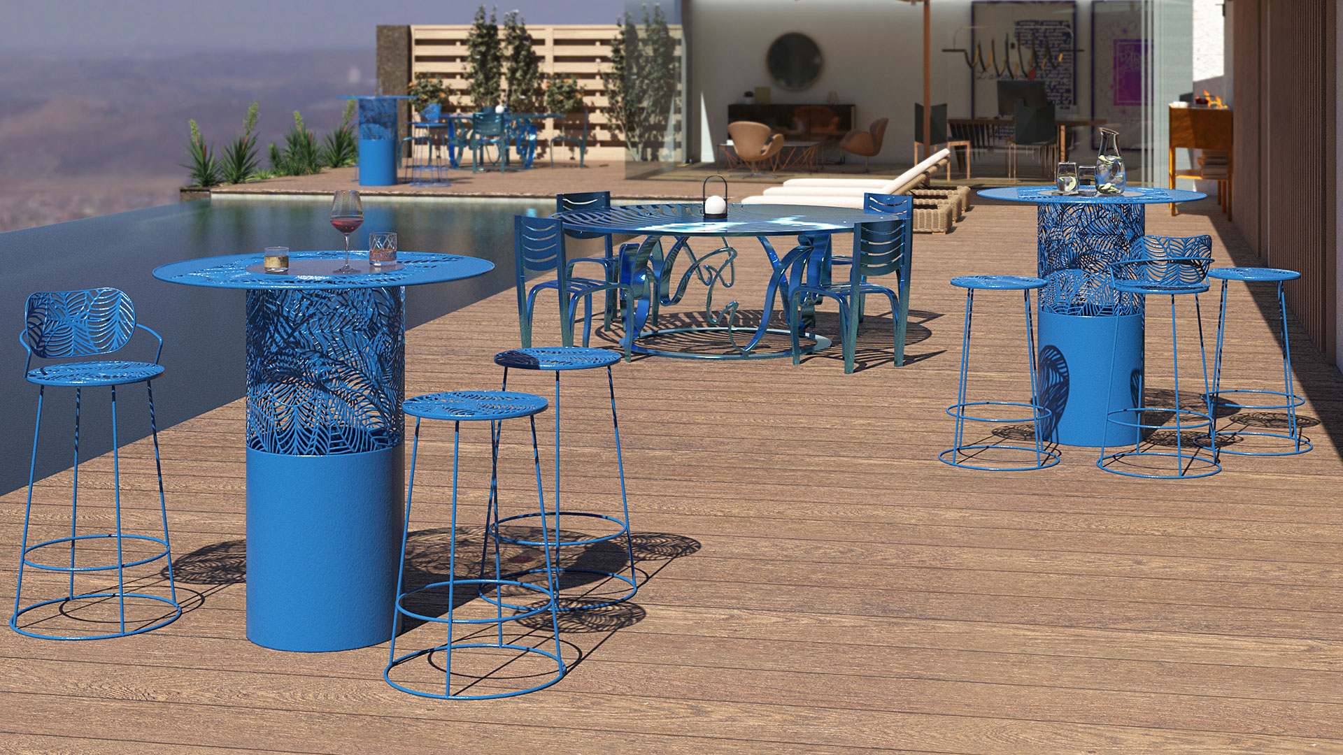 Mange debout luminaire et table vague, mobilier de jardin