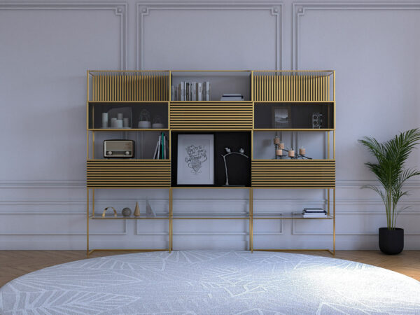 Bibliothèque de la collection Ambredorée de Kurudo, atelier et créateurs de mobilier vue de face. Mélange de verre, métal peint noir et laiton.