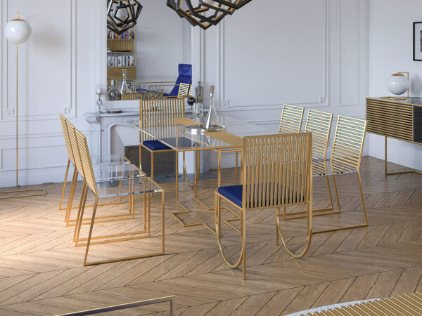 Chaises de la collection Ambredorée, vue arrière, de chez Kurudo, atelier et créateur de mobilier français.