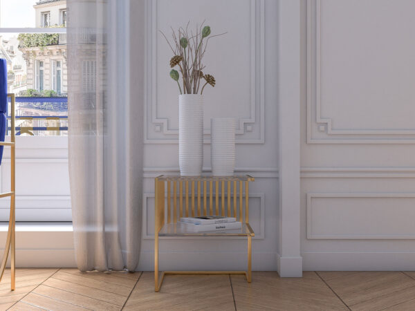 Guéridon de la collection Ambredorée de chez Kurudo, créateur de mobilier français. Vue de fac